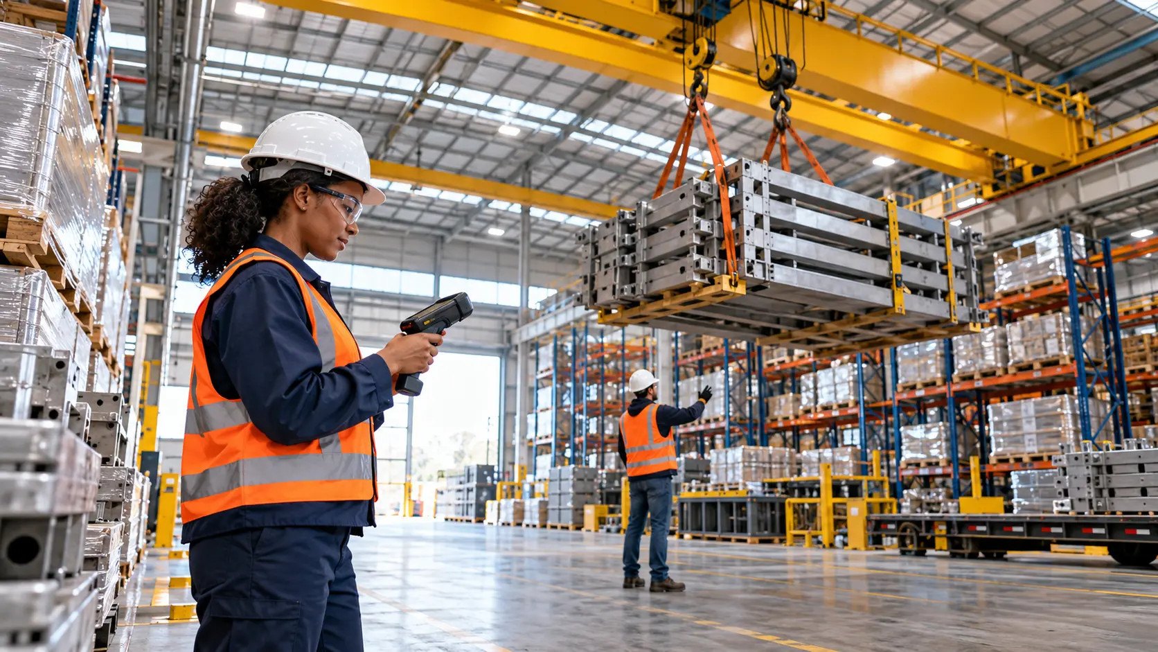 Warehouse and crane personnel working in a modern industrial facility